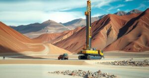 A diamond drill rig set up at a mining site in Peru surrounded by rugged mountains and blue sky.
