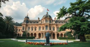 Turkish palace with grand architecture, showcasing a cloudy sky and lush greenery, symbolizing diplomatic meetings.