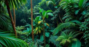 A vibrant Amazon rainforest scene symbolizing Indigenous rights and environmental protection, highlighting lush greenery and wildlife.