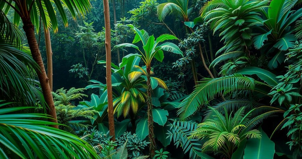 A vibrant Amazon rainforest scene symbolizing Indigenous rights and environmental protection, highlighting lush greenery and wildlife.