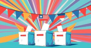 An illustration of a symbolic election scene with ballot boxes, colorful banners, and a vibrant abstract background.