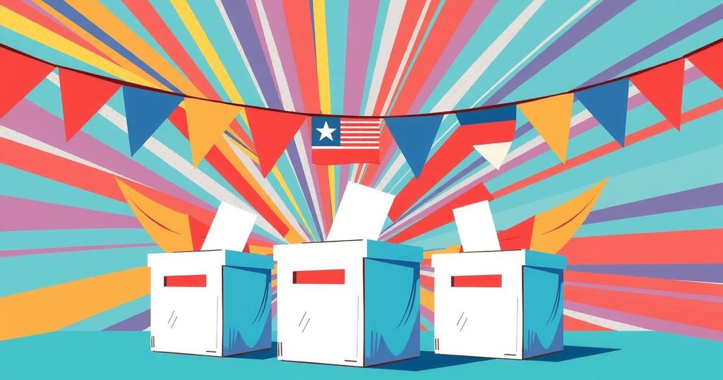An illustration of a symbolic election scene with ballot boxes, colorful banners, and a vibrant abstract background.
