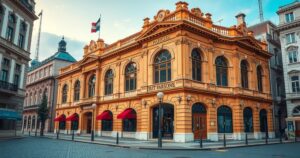 Historic building, repurposed for mineral regulation, classic architecture, rich hues of gold and earthy tones enhance structure.
