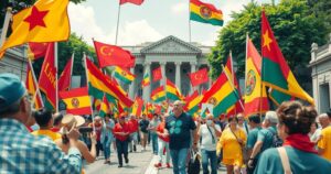 Vibrant street rally scene with colorful flags and motivated participants marching towards a building, focused on activism.