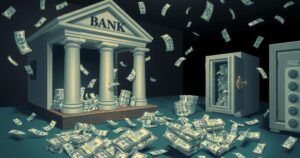 A bank with overflowing cash and private safes, depicting Zimbabwe's financial liquidity crisis.