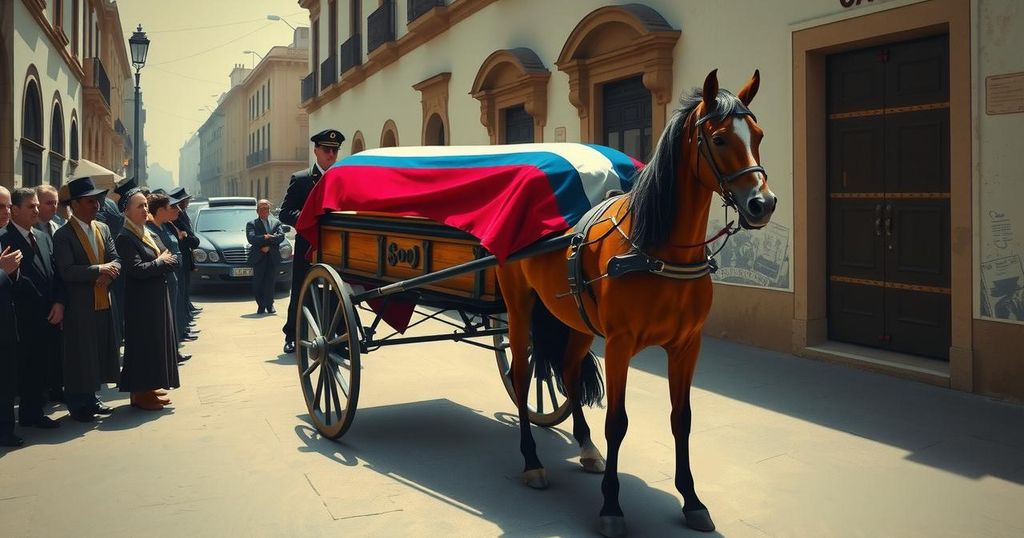 A solemn funeral procession in Montevideo, featuring a horse-drawn carriage with a coffin draped in a flag.