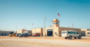 Military base in Djibouti with a neutral atmosphere, depicting a symbolic representation of migration and detention.