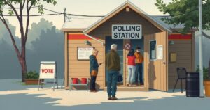 A quiet polling station with a few people waiting in line, showing a subdued election atmosphere in Venezuela.