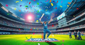England cricket victory celebration with players and fans, colorful confetti falling in a stadium setting.