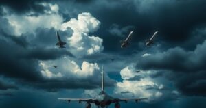 Military aircraft and missiles representing preparations for a possible strike, set against a dramatic sky.