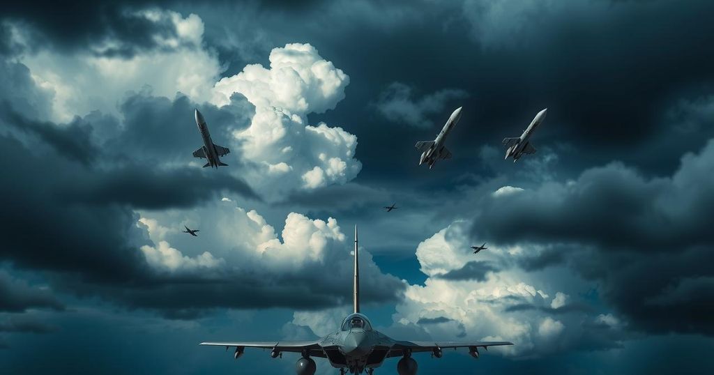 Military aircraft and missiles representing preparations for a possible strike, set against a dramatic sky.