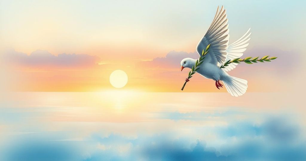Symbolic representation of peace and security in South Sudan with a dove, olive branch, and peaceful landscape.