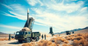 Taiwan rocket testing site with military vehicle and launch equipment against a clear blue sky.
