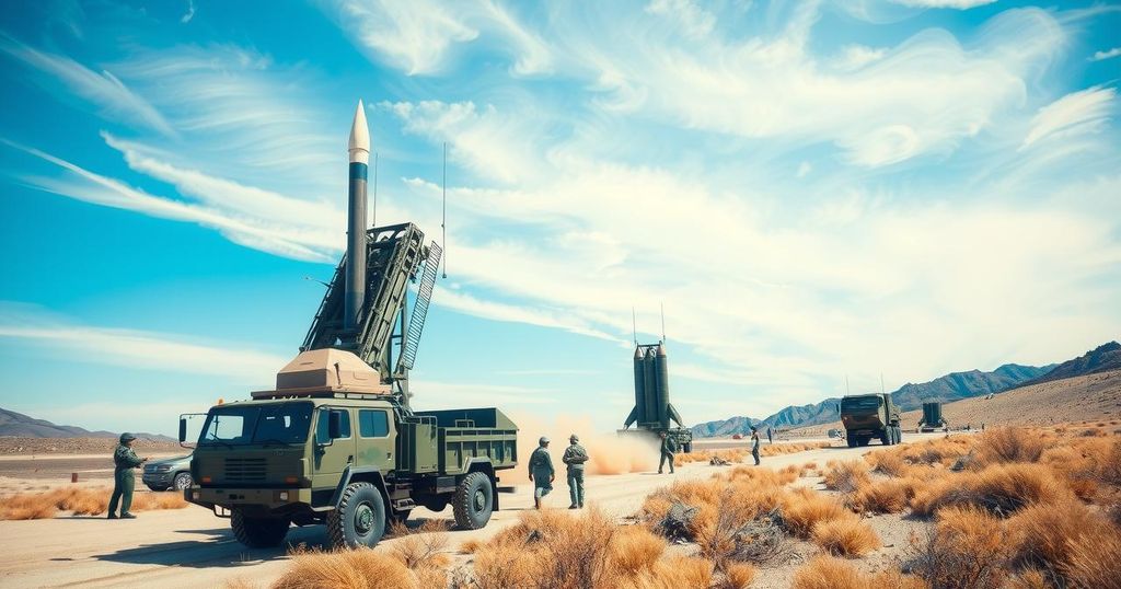 Taiwan rocket testing site with military vehicle and launch equipment against a clear blue sky.