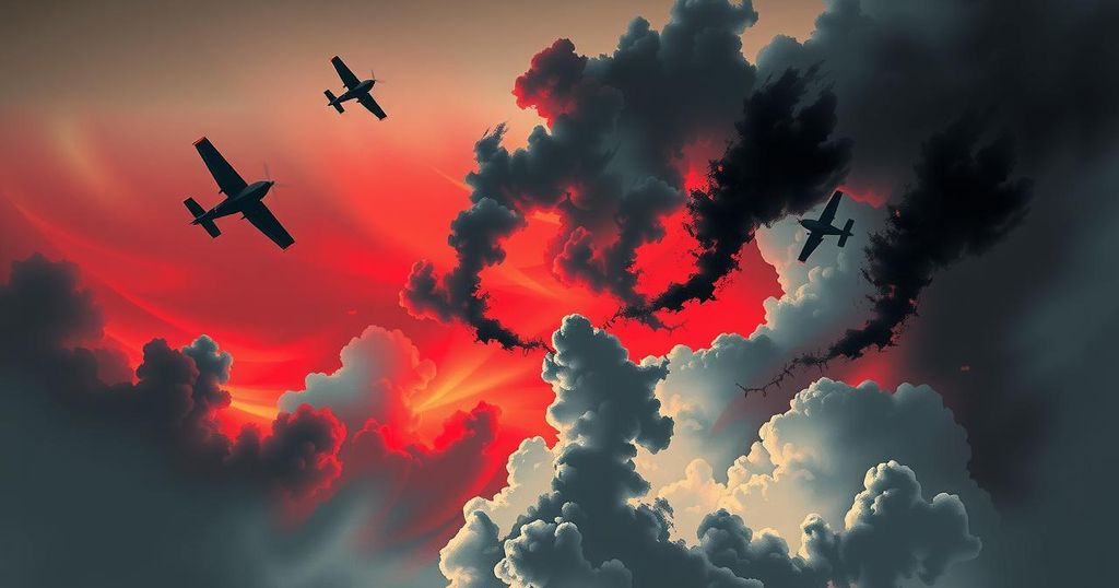 An abstract representation of the tension between India and Pakistan, with drone silhouettes under a stormy sky.