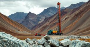 A mountainous landscape with an exploration drill rig and geological formations representing mining activities in Peru.