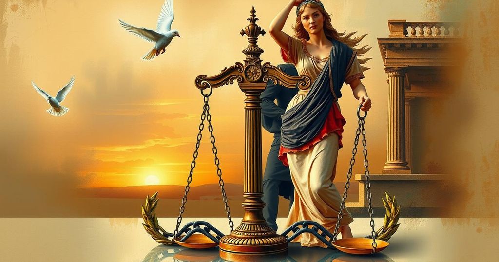 Abstract representation of justice and accountability with scales and symbolic elements in a balanced composition.