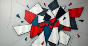 A representation of conflict in the Gaza region with abstract shapes and muted tones.