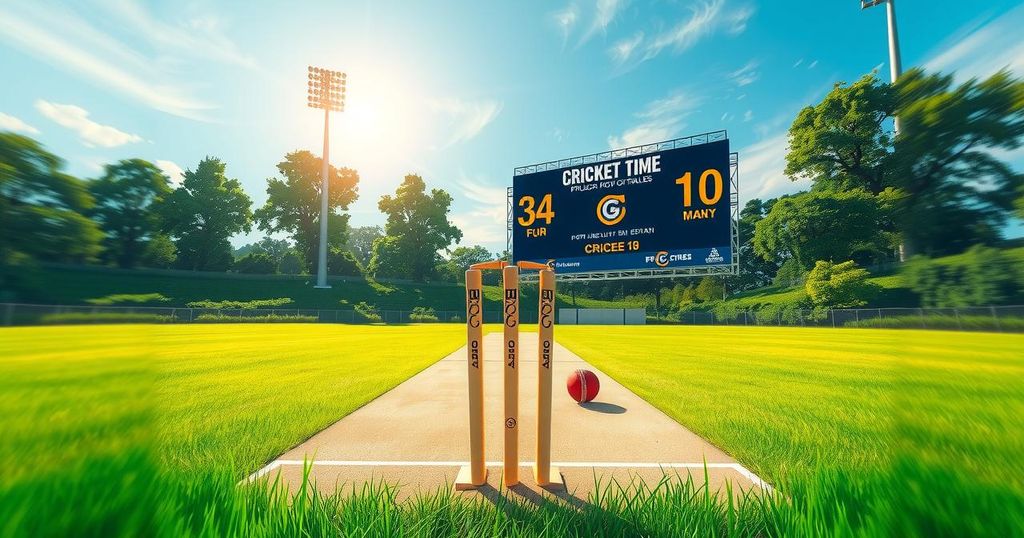 A cricket scene with a pitch, stumps, and a scoreboard showing high runs, under a bright sky.