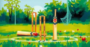 Cricket scene depicting a verdant field with stumps and bats in action, showcasing dynamic gameplay and teamwork.