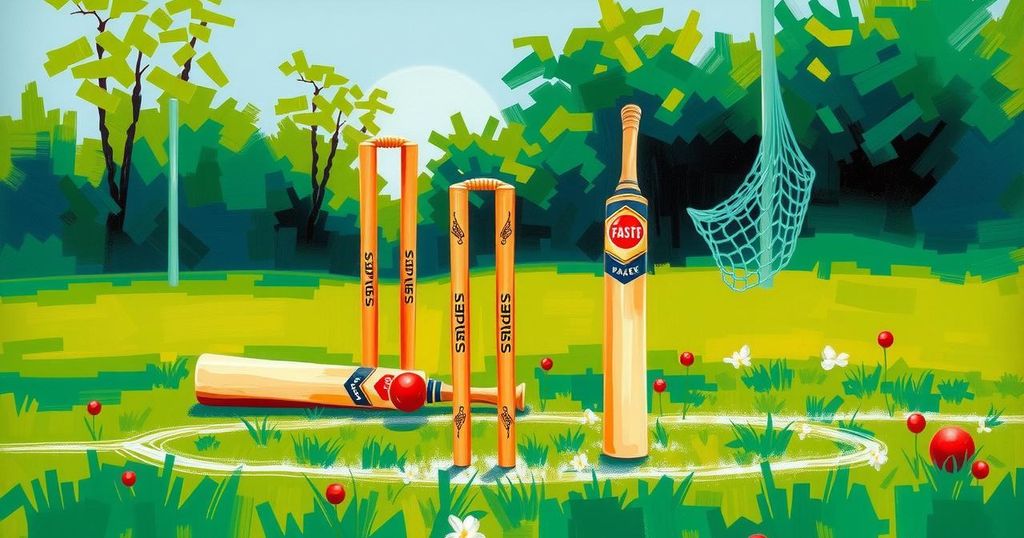 Cricket scene depicting a verdant field with stumps and bats in action, showcasing dynamic gameplay and teamwork.