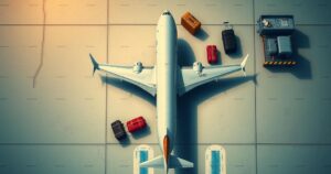 Aerial view of an airport tarmac with an airplane and a diverse group of luggage, reflecting voluntary repatriation.