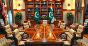A diplomatic meeting in an elegant office setting with flags symbolizing India, Pakistan, and the U.S. in the background.