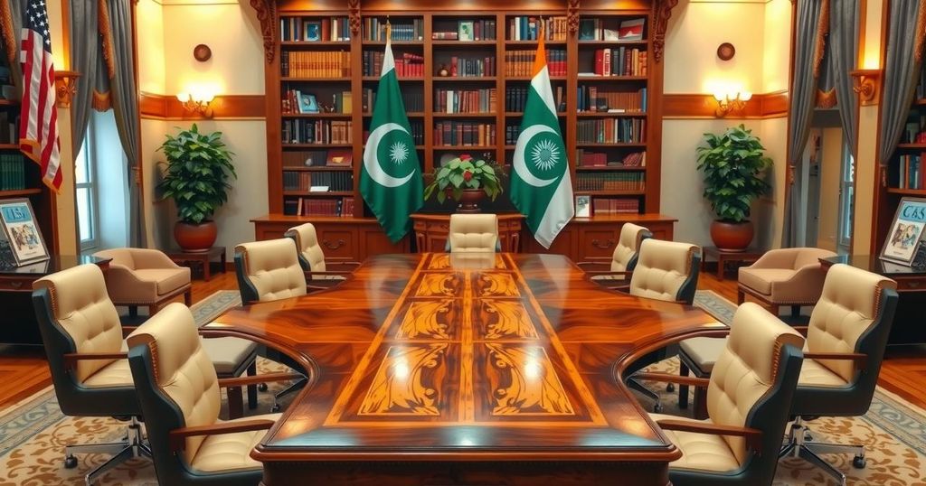 A diplomatic meeting in an elegant office setting with flags symbolizing India, Pakistan, and the U.S. in the background.