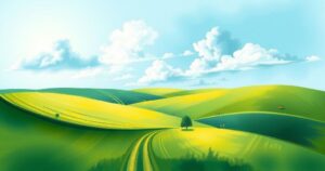 A peaceful landscape representing harmony in South Sudan, featuring lush green fields under a serene blue sky.