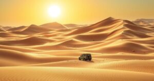 A desolate desert landscape with a distant sun, barren sand dunes, and a broken-down vehicle, evoking loss and hardship.