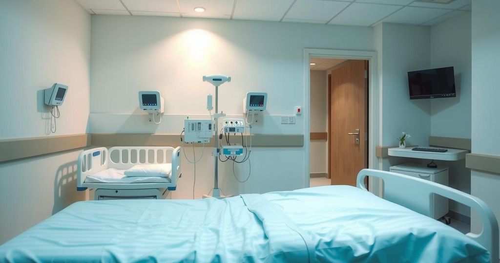 A serene hospital room with soft lighting, featuring a cozy bed and medical equipment, evoking a calm atmosphere.