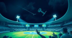 A vibrant T20 cricket stadium at night with floodlights and cheers of fans, representing cricket competition.