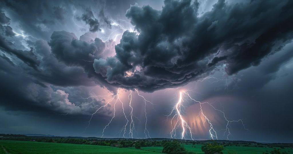 Dark storm clouds above a lush green landscape with flashes of lightning illuminating the sky