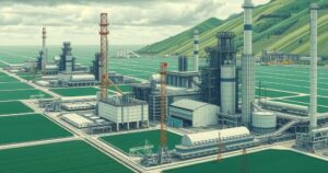 A vibrant industrial landscape depicting growth and investment opportunities, with factories and greenery.