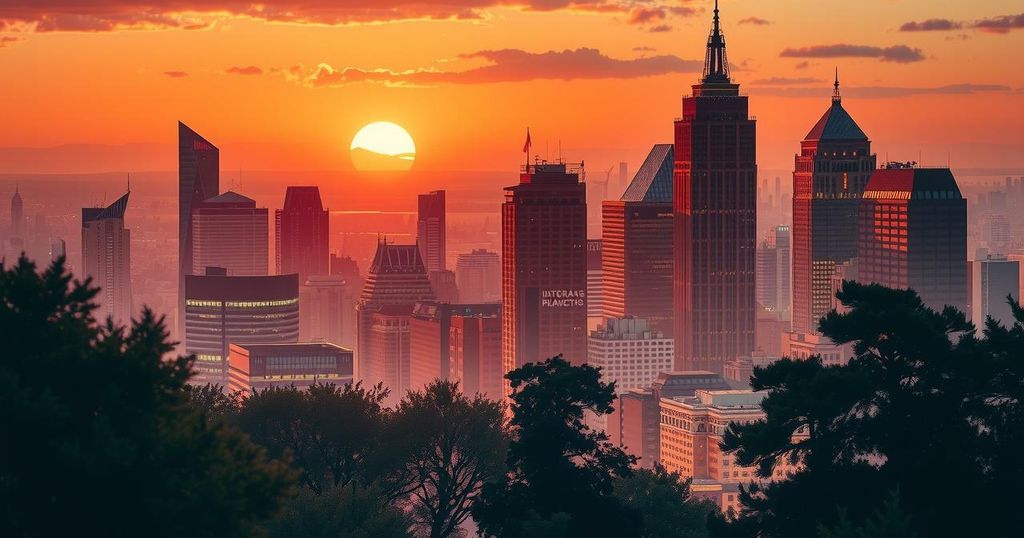 A vibrant city skyline at dusk, showcasing iconic buildings lit by warm hues, symbolizing change and political shifts.