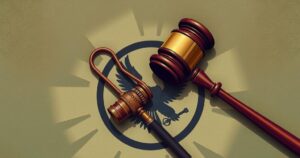 A conceptual illustration depicting a gavel and a military emblem symbolizing law and governance tensions.
