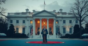 A tense press conference at the White House with a symbolic background of a Boeing 747 and American flags.
