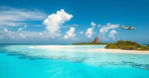 Chagos Islands and Mauritius coastline with waves, symbolizing sovereignty and background of military installations