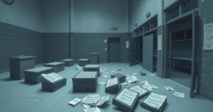 A conceptual illustration of a deserted polling station with ballots reflecting a tense political atmosphere.
