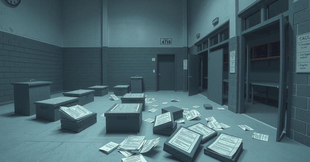 A conceptual illustration of a deserted polling station with ballots reflecting a tense political atmosphere.