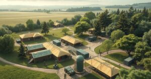 A serene landscape showing a military training camp with nature background, emphasizing community and unity.