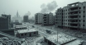 Desolate landscape with bombed buildings and devastation, conveying a sense of destruction and despair.