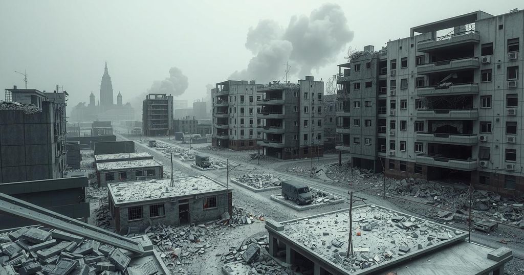 Desolate landscape with bombed buildings and devastation, conveying a sense of destruction and despair.