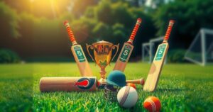 Celebratory cricket atmosphere with a trophy and bats, showcasing team spirit and victory in UAE cricket.