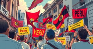 A political scene depicting tumultuous protests in Peru, with banners and signs symbolizing public discontent.