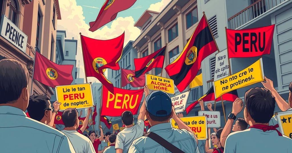 A political scene depicting tumultuous protests in Peru, with banners and signs symbolizing public discontent.