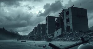 A desolate scene depicting the aftermath of a disaster, with rubble and a dark sky, conveying sorrow and tragedy.