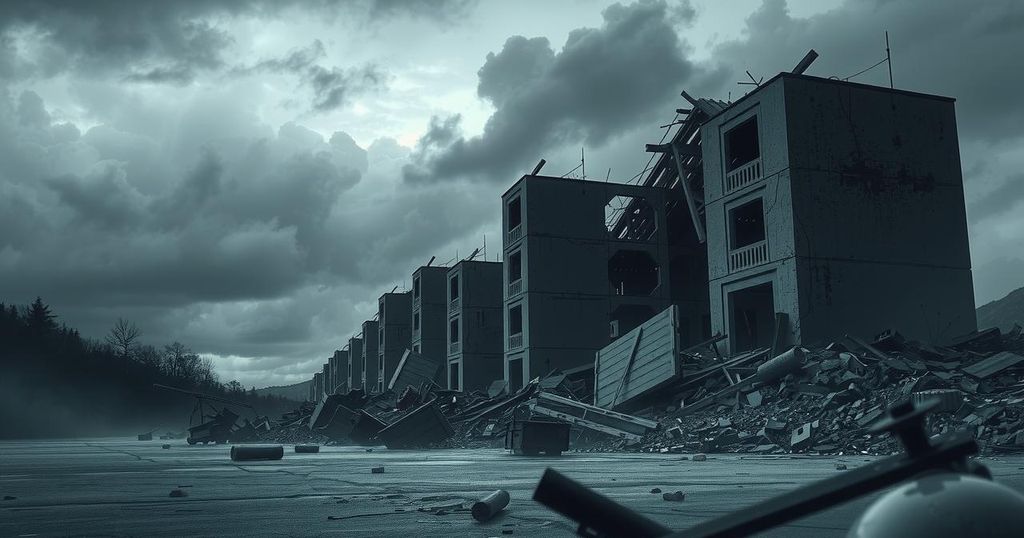 A desolate scene depicting the aftermath of a disaster, with rubble and a dark sky, conveying sorrow and tragedy.