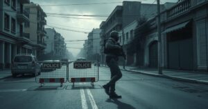 A dramatic scene of police barricades and somber streets in a tense urban Venezuela ahead of elections.