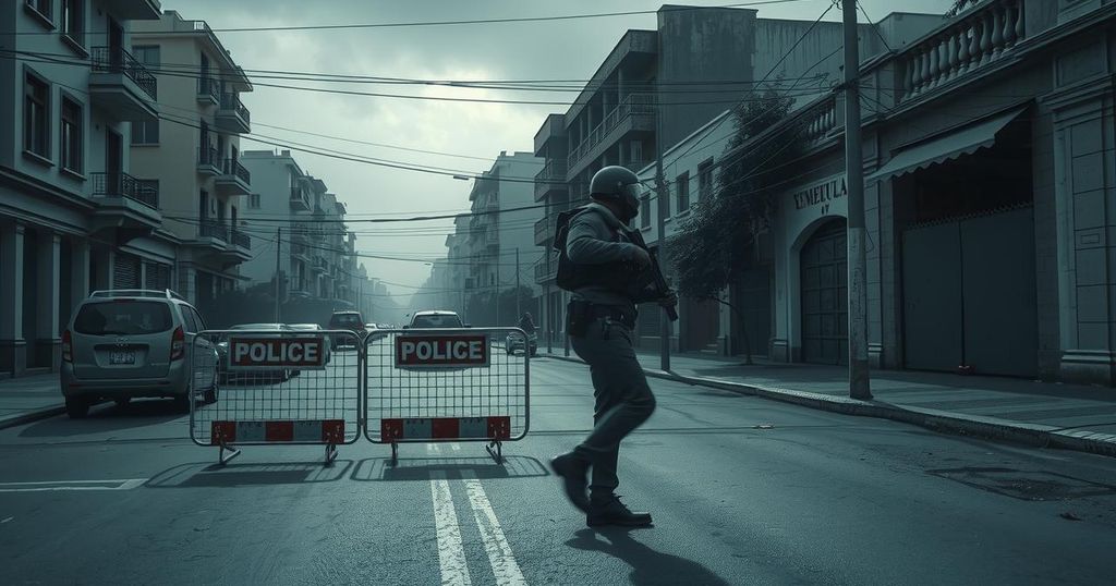 A dramatic scene of police barricades and somber streets in a tense urban Venezuela ahead of elections.